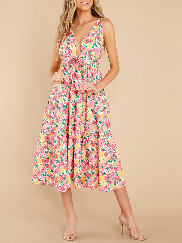 Yay Çiçəkli Çap Boho Gündəlik Paltarları
